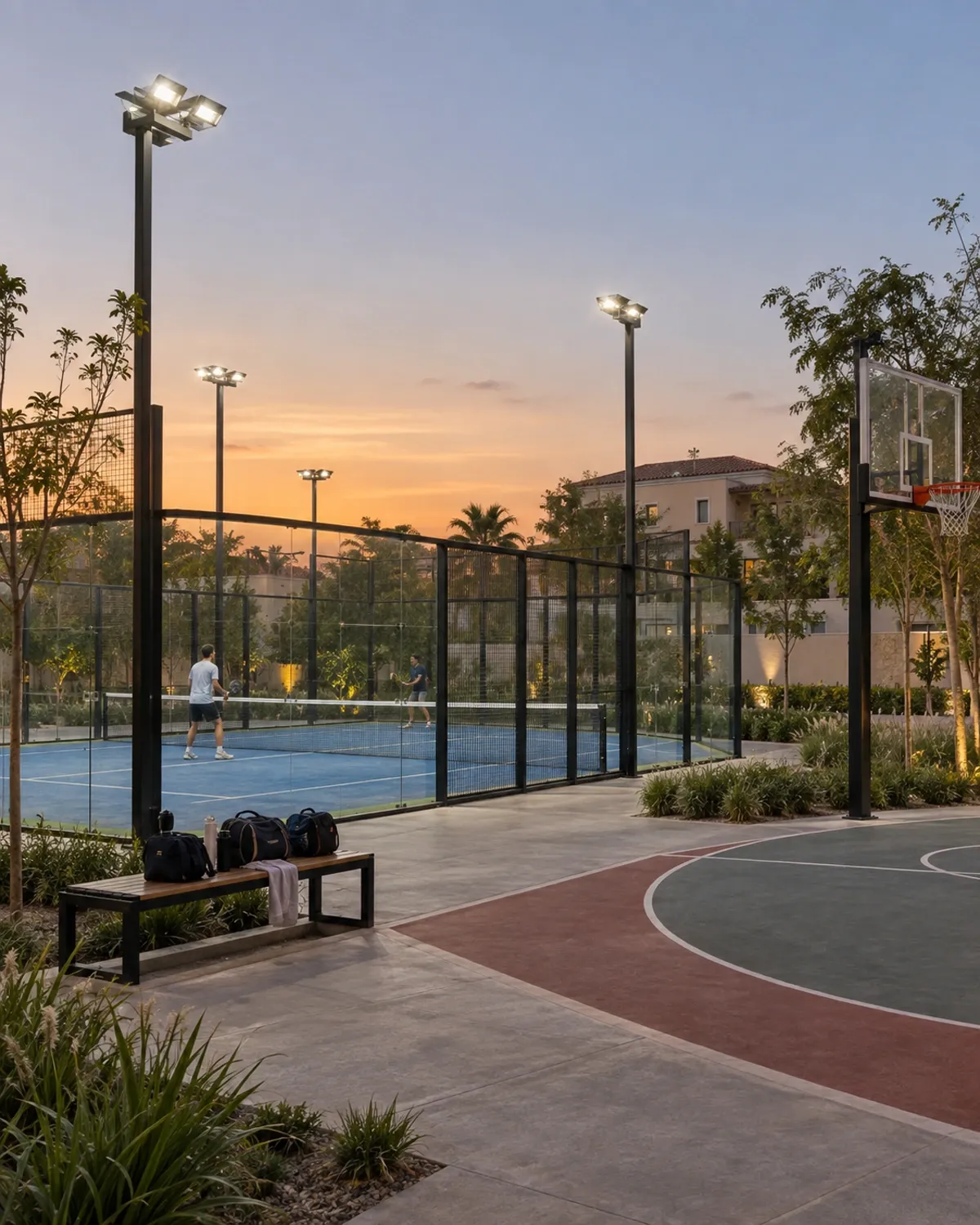 Lapangan padel dan basket dengan lampu sorot