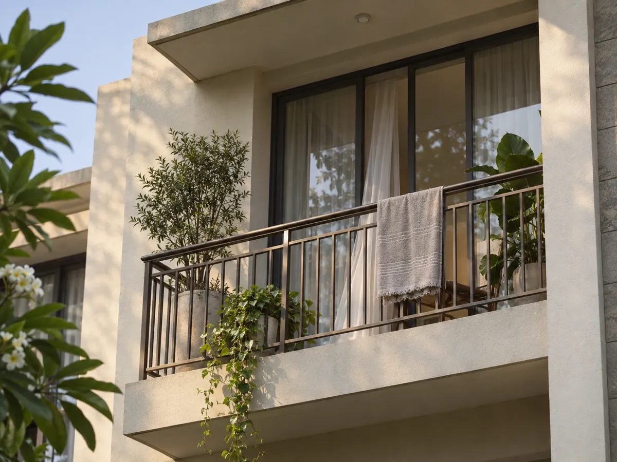 Balkon kamar utama menghadap taman kawasan